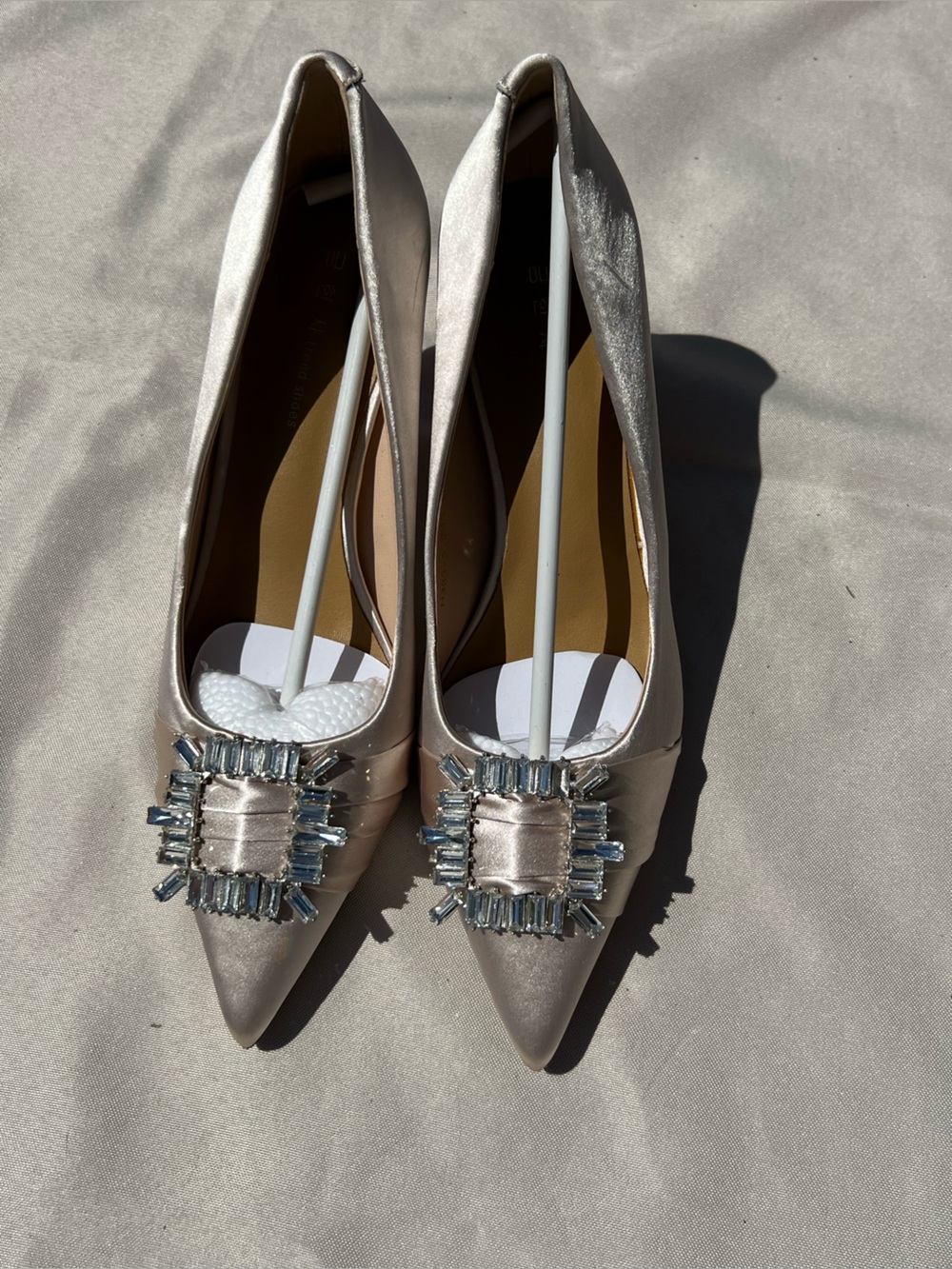 Champagne color high heels with square diamond and silk fabric